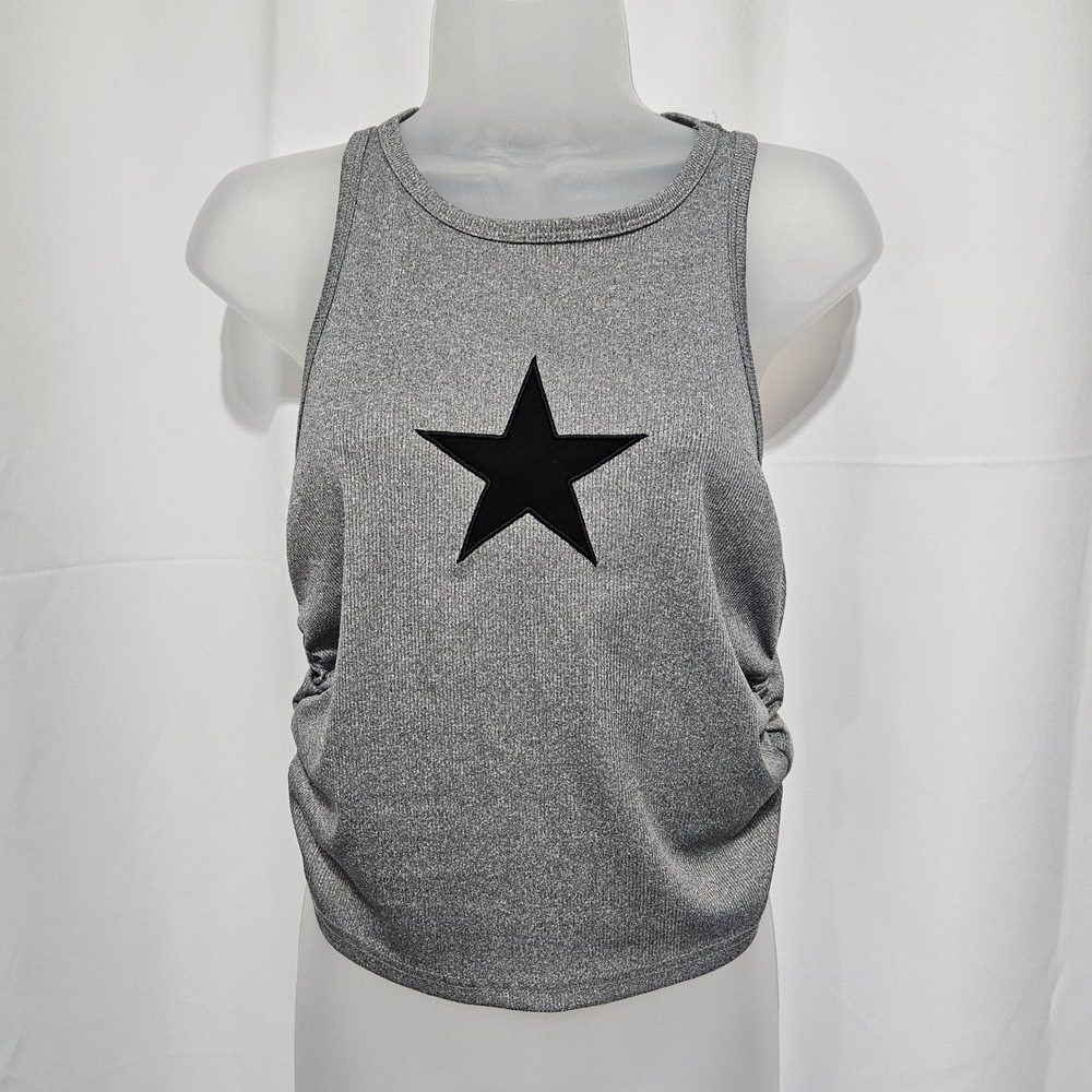 Gray Ribbed Star Applique Racerback Tank Top XL Ruched Sides Sleeveless